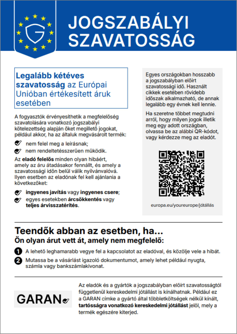 Harmonizált értesítés a megfelelőség szavatolására vonatkozó jogszabályi kötelezettségről